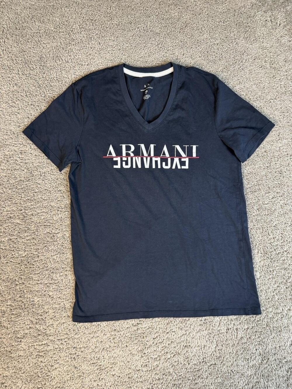 Armani Exchange Shirt Mens XS Blue V-Neck Slim Tagless Logo Graphic Casual
